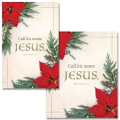 Christmas - Red Poinsettia - Pine - call his name JESUS - Matthew 1:21 - Pkg 100 - Bulletin - Multiple Sizes